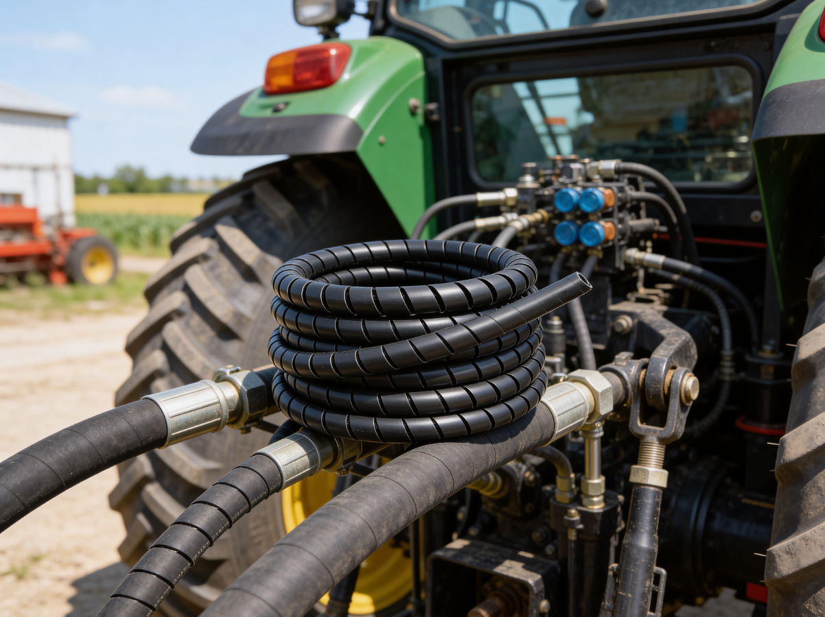 SpiralGuard spiral wrap coiled on hydraulic hoses on a tractor