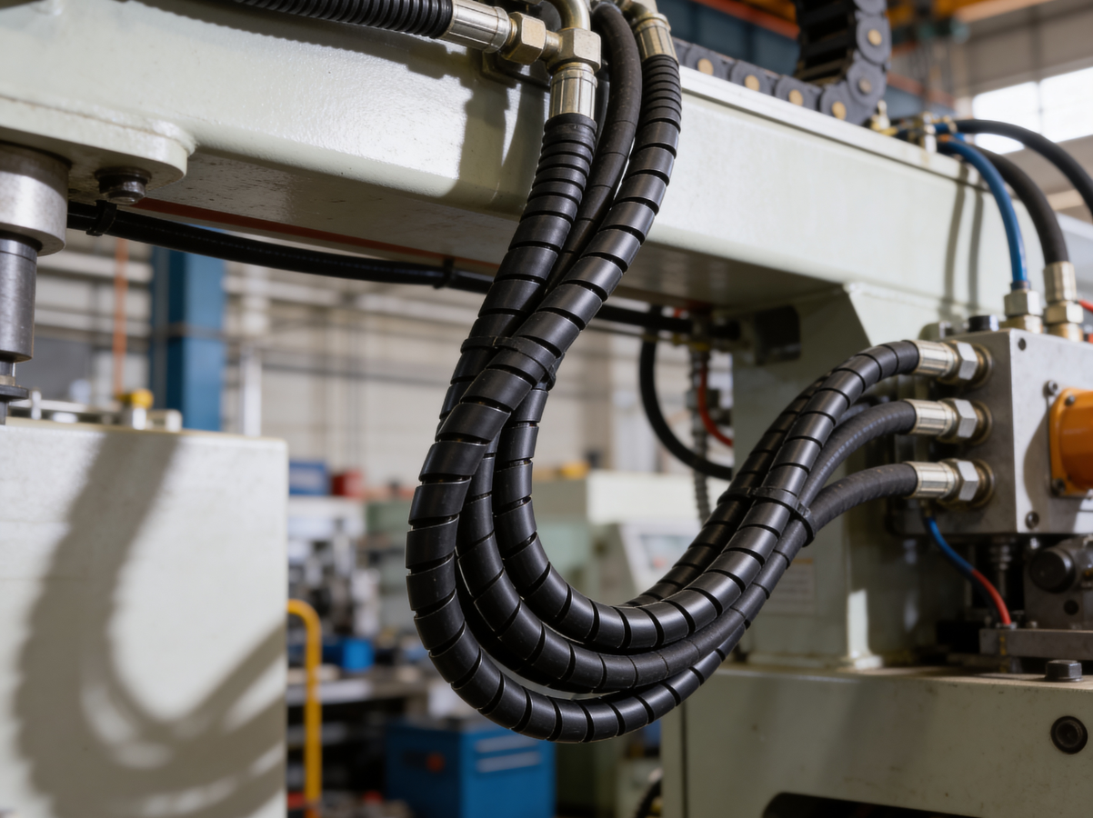 SpiralGuard spiral wrap fitted to hydraulic hoses on an excavator
